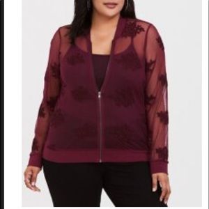 Red Embroidered Mesh Bomber Jacket